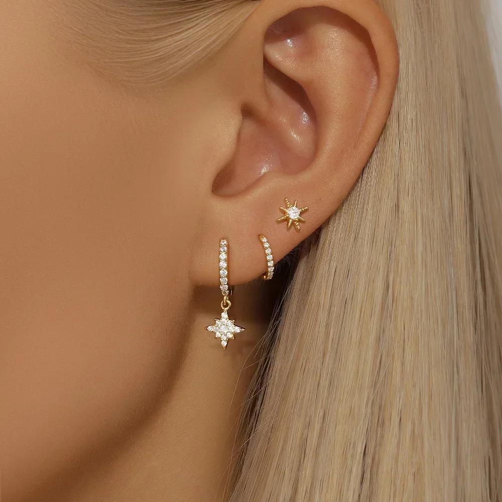 3 Piece Fashion Stainless Steel Round Star Drop Earrings Set for Women Gold Plated Dangle Earring Punk Unisex Rock Jewelry