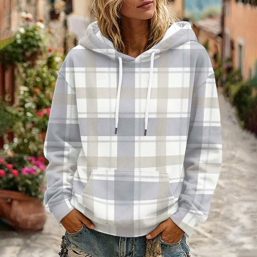 Women's Plaid Print Hooded Sweatshirt with Pockets And, Long Sleeve Casual Top