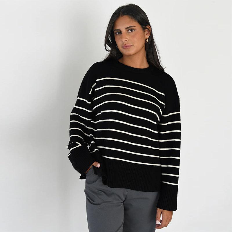 Europe, America, Autumn and Winter New Products, Split Hem Striped Knitted Sweater Top, Round Neck Loose Sweater Women's Clothing