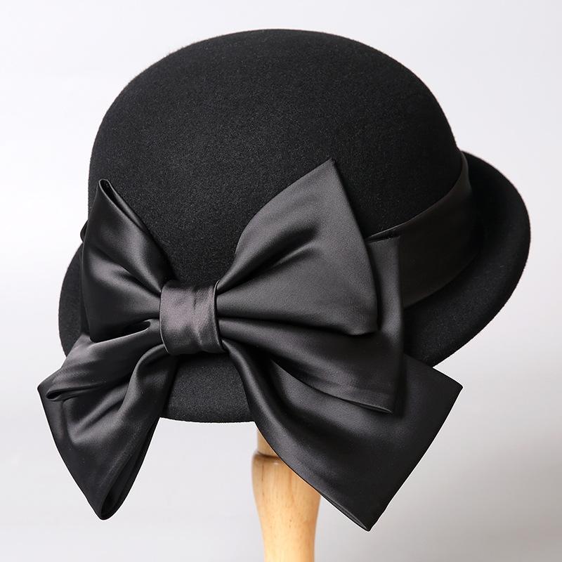 French bow wool felt hat bucket hat autumn and winter elegant small fragrant basin hat British top hat female
