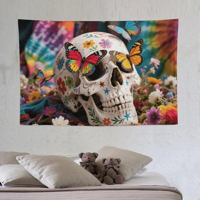 Tapisserie murale Hippie Boho Crâne Papillon avec Kit de suspension Tapisserie Esthétique Accroche murale Toile de fond Personnalisable Grande Vintage