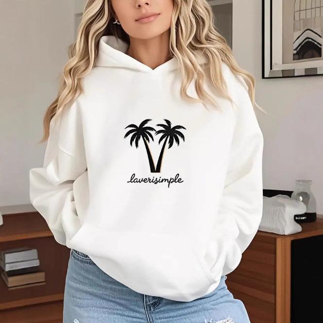 Ladies Spring Autumn Casual Hooded Long Sleeve Big Pocket Beach Coconut Tree Printed Pullover Hoodies Sweatshirt Top