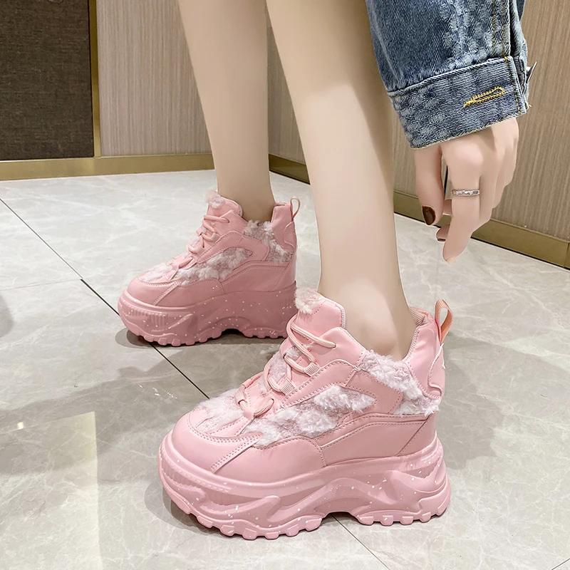 fashion Women Leather Chunky Sneakers New Fall High Platform Casual Shoes Lace-up Dad Sport Shoes Woman Vulcanized Shoes 11.5CM