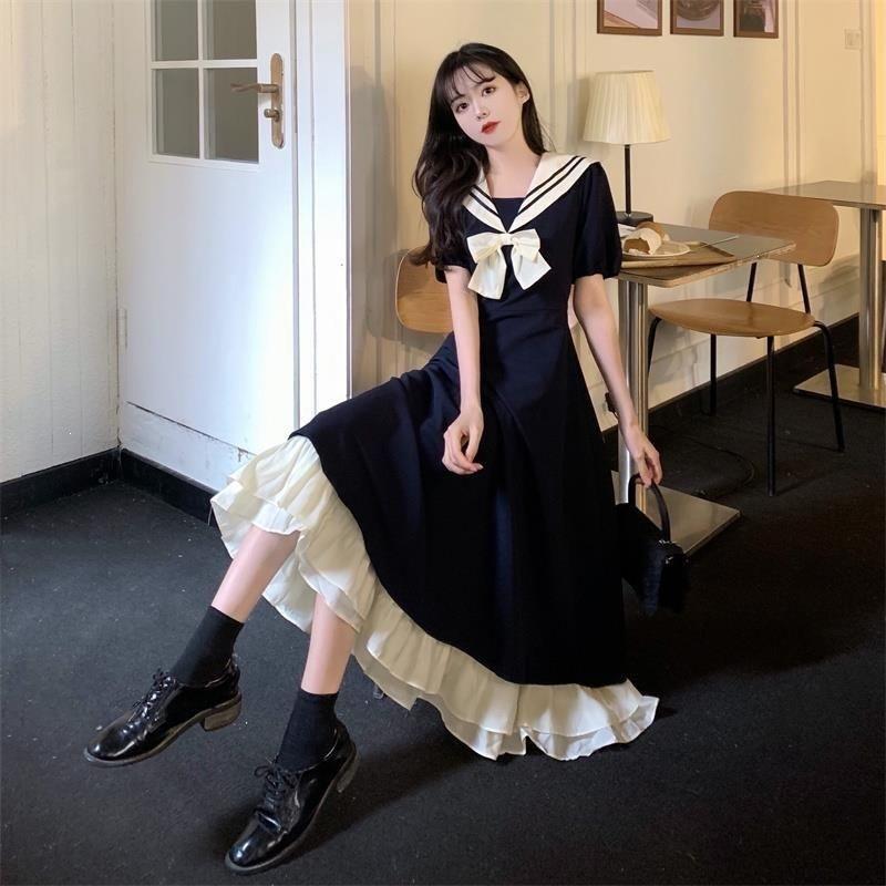 Large size college style embroidered short-sleeved dress is thin, covering the belly and slightly fat MM summer sailor suit waist a-word skirt