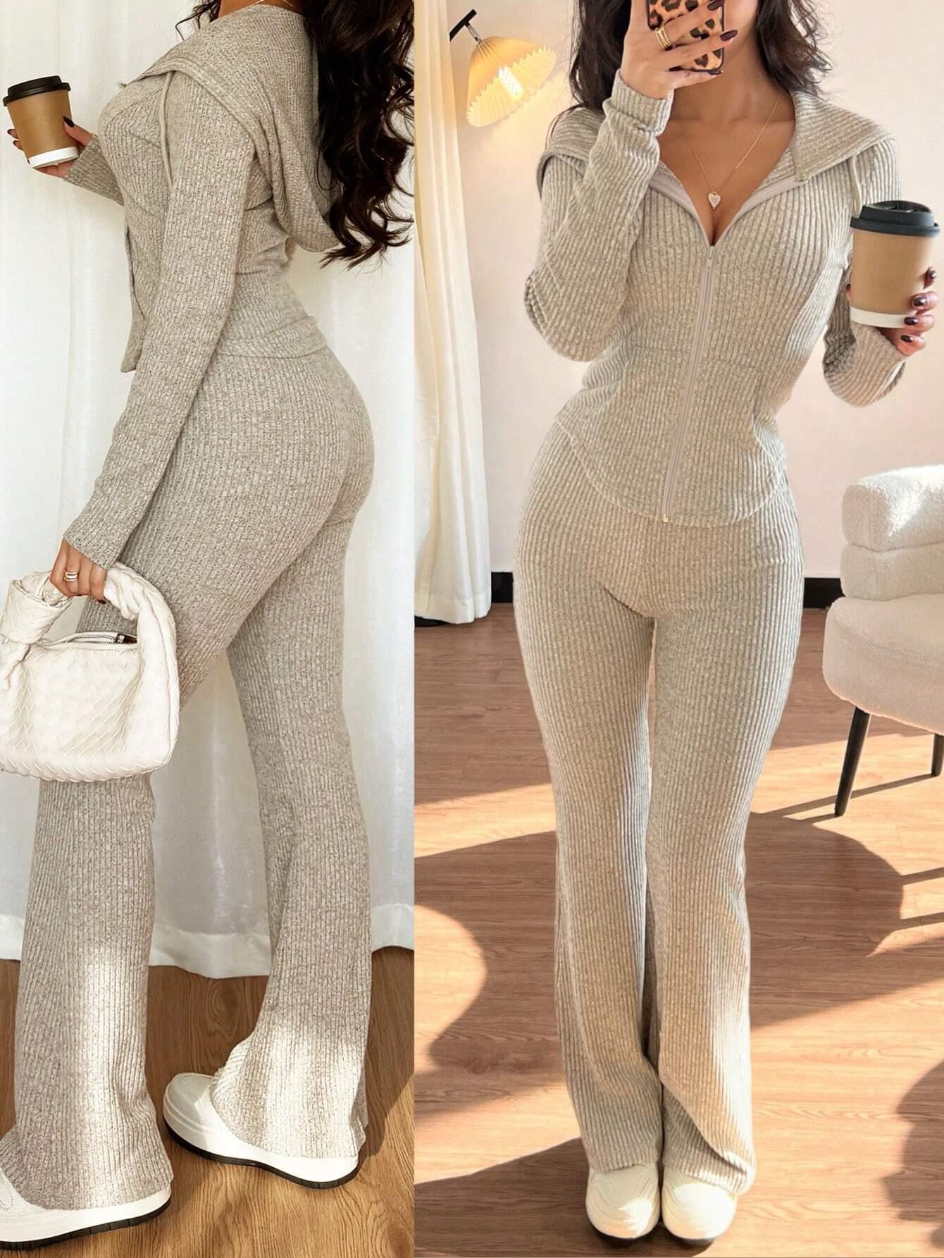 

Autumn/Winter Women s Long Sleeve Hooded Slim Fit Sweatshirt & Straight Leg Pants Set M абрикосовый