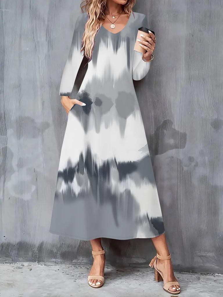 2025 Autumn and Winter New Women Casual Fashion Dress 3D Tie-dye Print Long Sleeve V-Neck A-Line Dresses