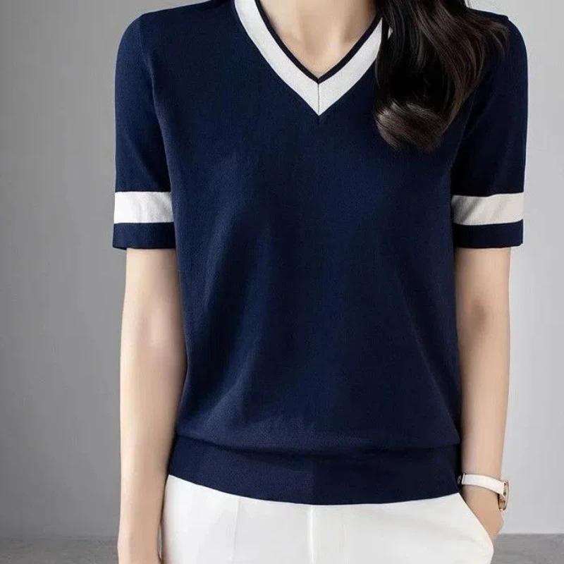 Summer Women's Color Block Knit Top V Neck Short Sleeve Casual Blouse