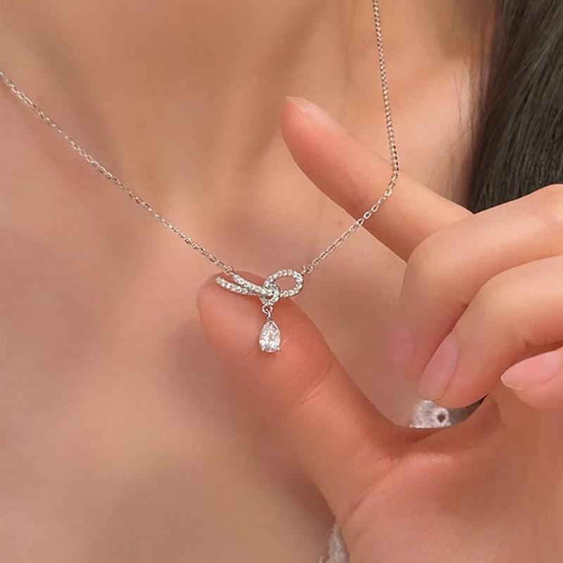 Sterling Silver Korean Knots Necklace Pendant for Women Jewelry Zircon Waterdrop Necklace Simple Wedding Party Gift Collar