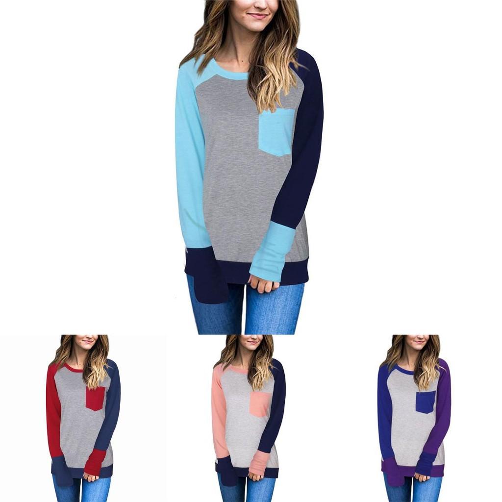 Stylish Casual Womens Long Sleeve Pocket Tshirt With Stitched Color Details