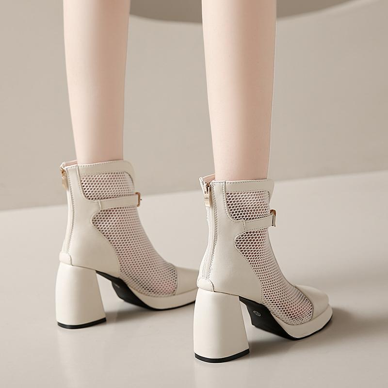 Fashion 2025 Fashion Mesh Women's Boots Breathable Square Toe Back Zip Chunky Heels Ankle Sandals Boots Elegant Buckle Modern Boots