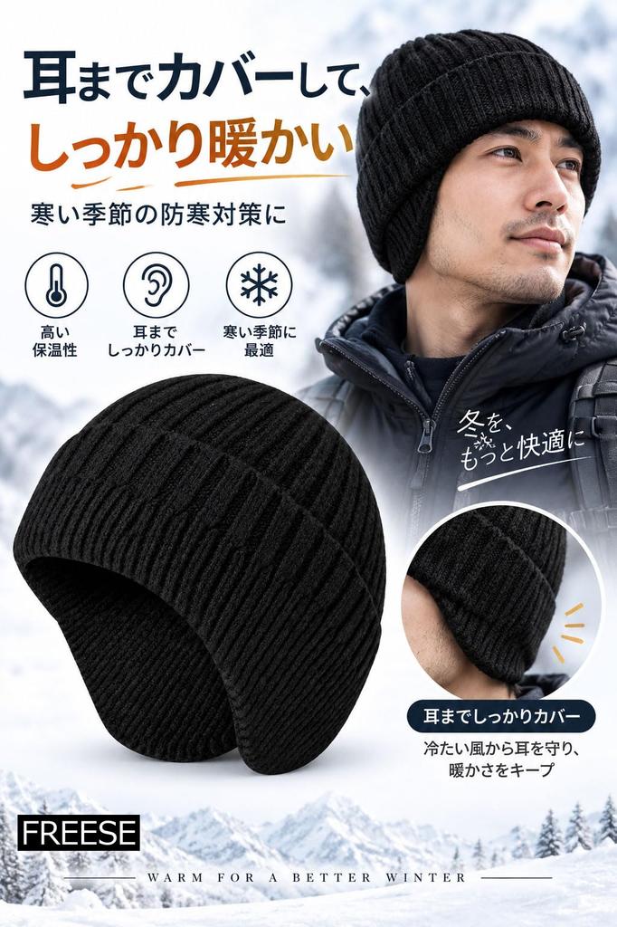 Knitted Cap with Highly Soft Rayon Beanie for Men [FREESE] Earmuffs, Warm, Insulating, (Black)
