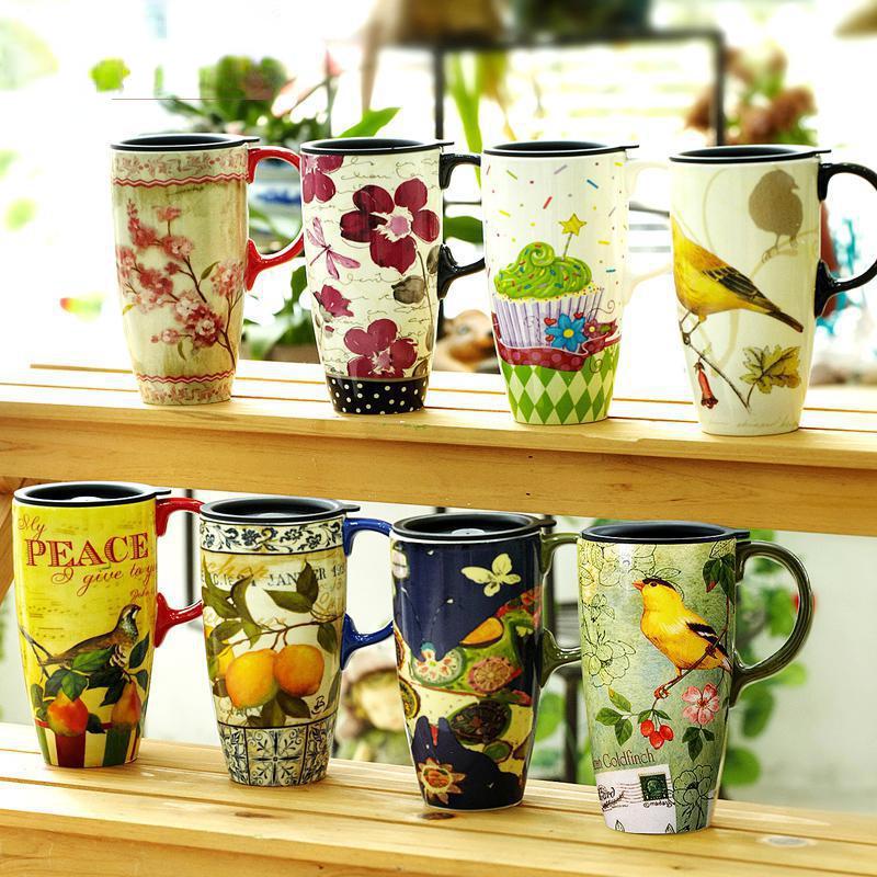 Vysoký keramický hrnek s víčkem Kreativní květinový potisk Krásné kávové hrnky na čaj Mléko, Velký objem Domácí kancelář, 500 ml, 1 ks