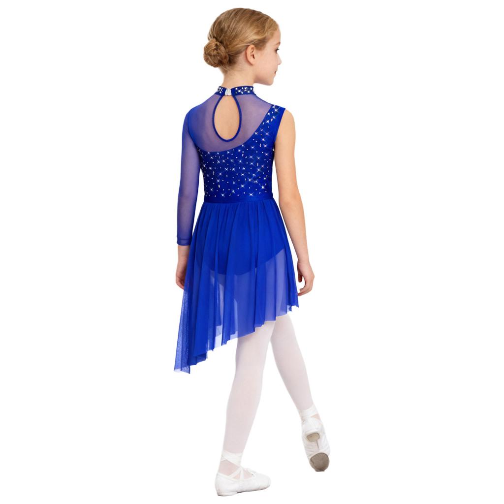 Complete Competition Lyrical Costume for Girls: Features Asymmetrical Design, Mock Neck, Mesh & Rhinestone Details
