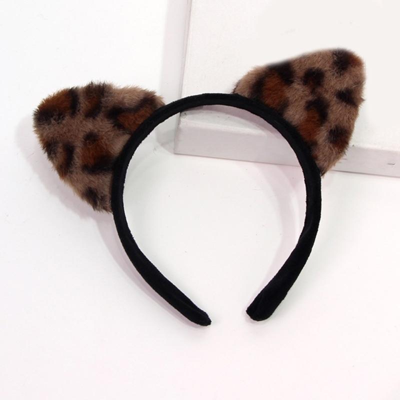Leopard Pattern Cats Ear Hairhoop for Women Girl Cosplay Costume Hairband Halloween Theme Party Dressingup Headpiece
