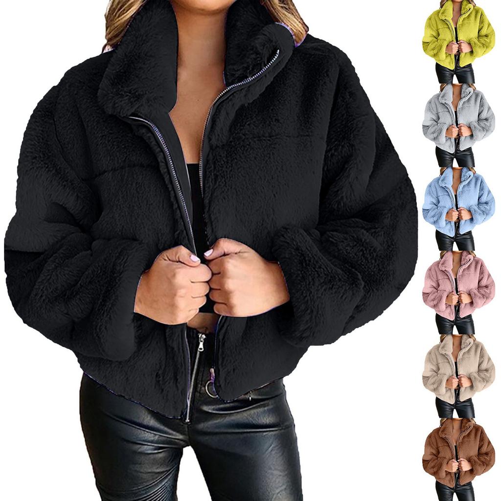 Women's Fashion Winter Solid Color Zipper Cardigan Plush Warm Short Jacket Coat
