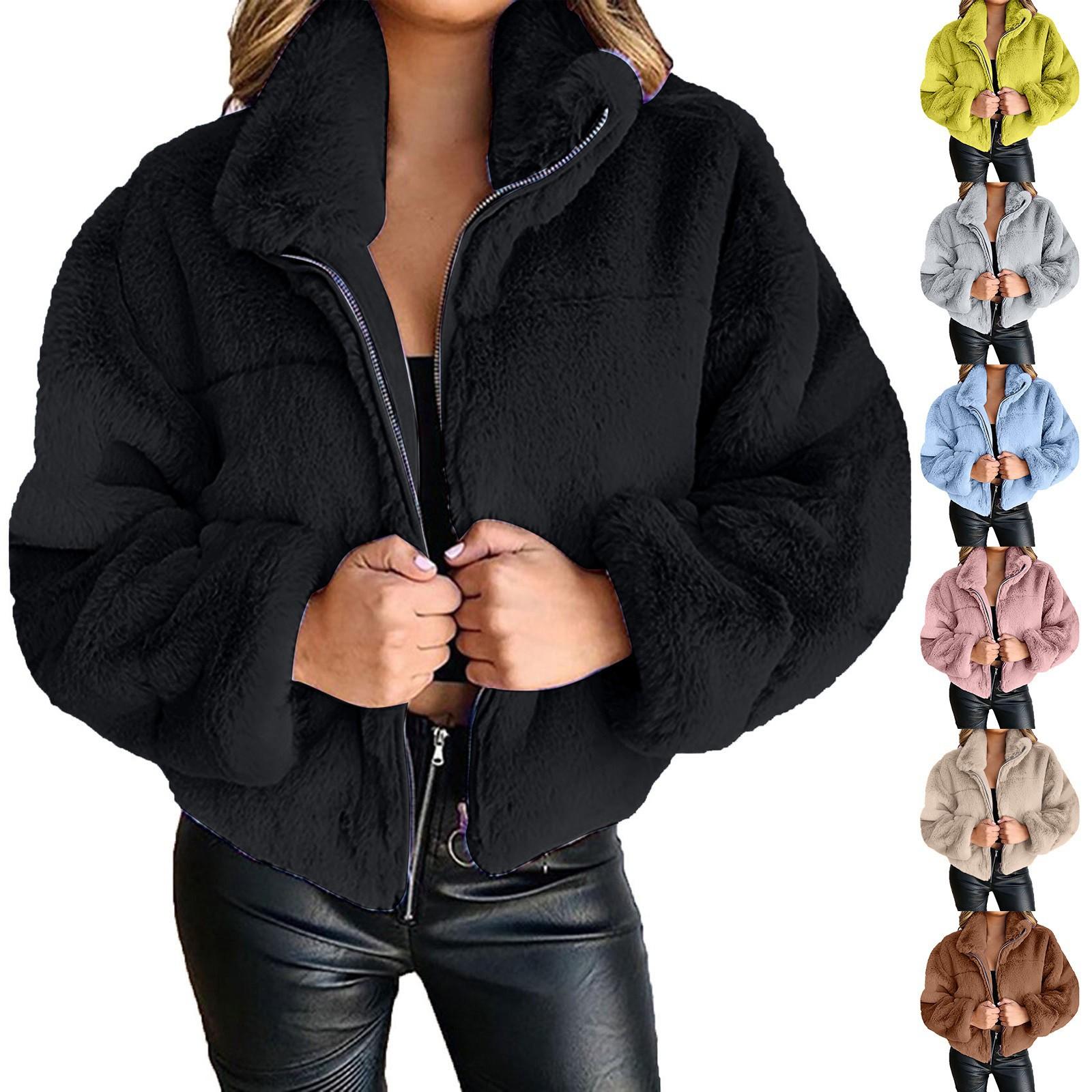 

Women s Fashion Winter Solid Color Zipper Cardigan Plush Warm Short Jacket Coat XXXXXL рожевий