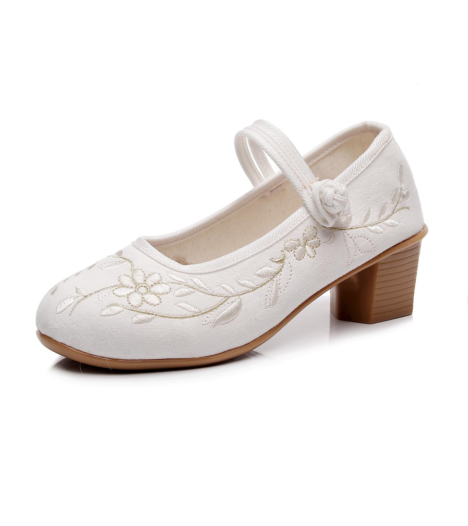4cm Block Heels Women Cotton Embroidered Mary Jane Shoes Elegant Soft Comfortable Retro Costume Pumps White Beige 35
