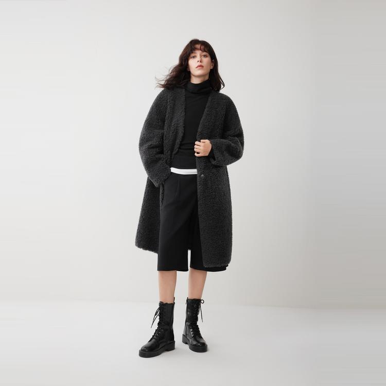 ELLE French Style Sheepskin V-Neck Casual Loose Versatile Long Sleeve Faux Fur Lamb Wool Plush Coat Women Coats EF53404