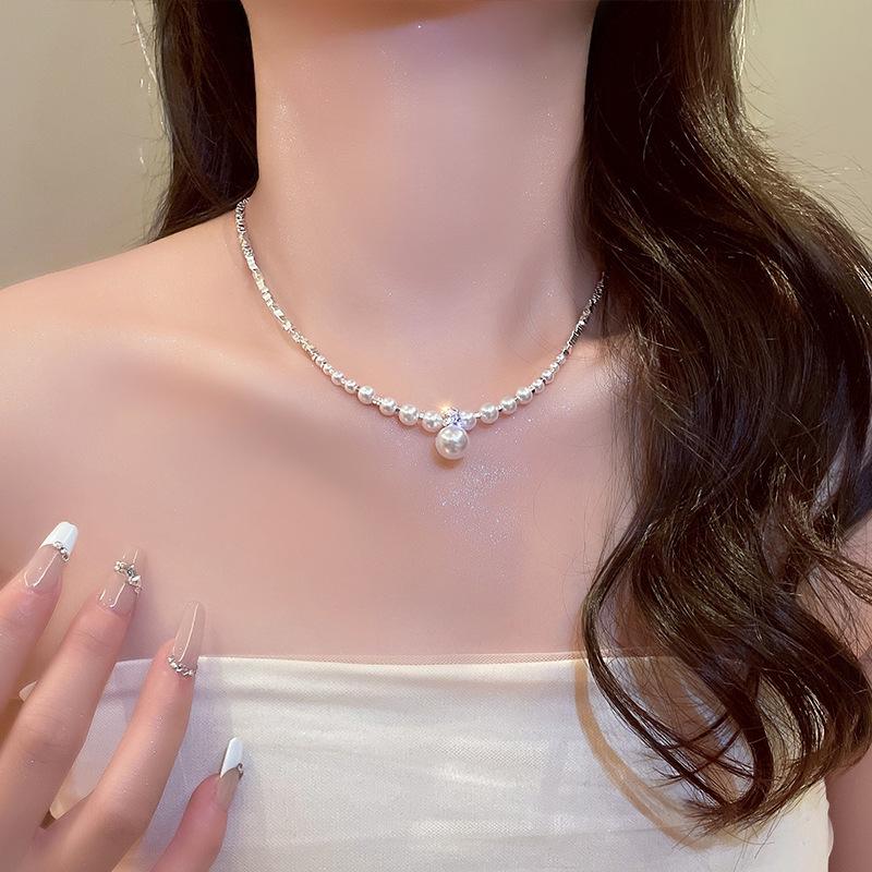 Silver Pearl Beaded Pendant Necklace - Elegant Sweater Chain for Women