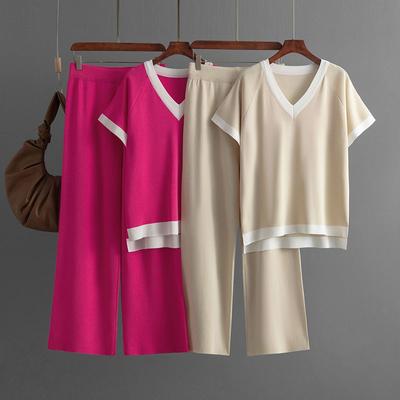 Simple and Fashionable Collar Short-sleeved Knitted Sweater High Waist and Thin Drape Trousers Contrasting Color Knitted Two-piece Set
