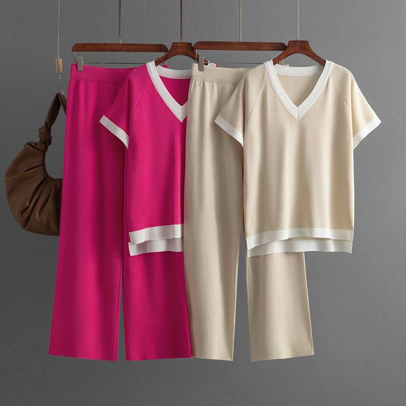 Simple and Fashionable Collar Short-sleeved Knitted Sweater High Waist and Thin Drape Trousers Contrasting Color Knitted Two-piece Set