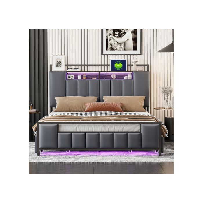 Lit Rembourré - MUVOE - 140x200 Cm - Éclairage LED - Prise USB - 4 Tiroirs De Rangement