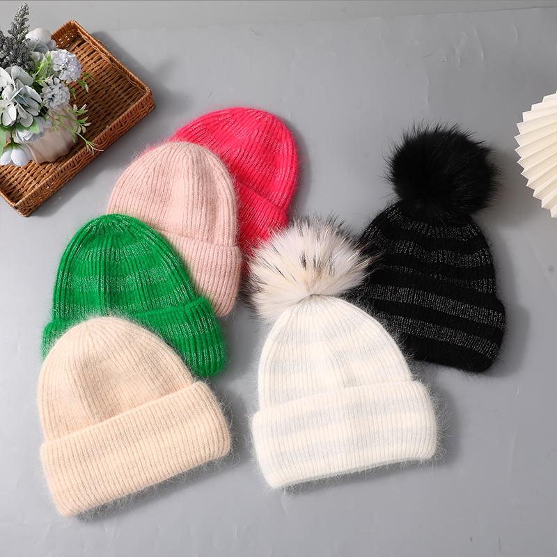 Hat For Women Angora Rabbit Fur Beanies With Natural Raccoon Fur Pompom Hats Winter Knitted Warm Silver Wire Female Cap