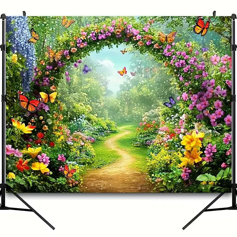 2D Blumenbogen Kulisse, Verzauberter Garten mit Schmetterlingen Fotografie Hintergrund für Alle Anlässe