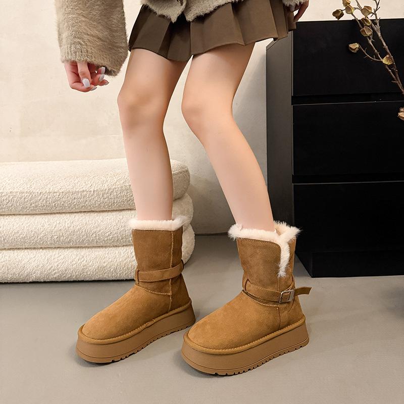 Dicksöhlige Samt-Plateau-Schneestiefel für Damen Herbst und Winter 2025, neue verdickte mittelhohe Stiefel, zwei Tragemöglichkeiten, Gürtelschnalle, warme Baumwollschuhe, Trend