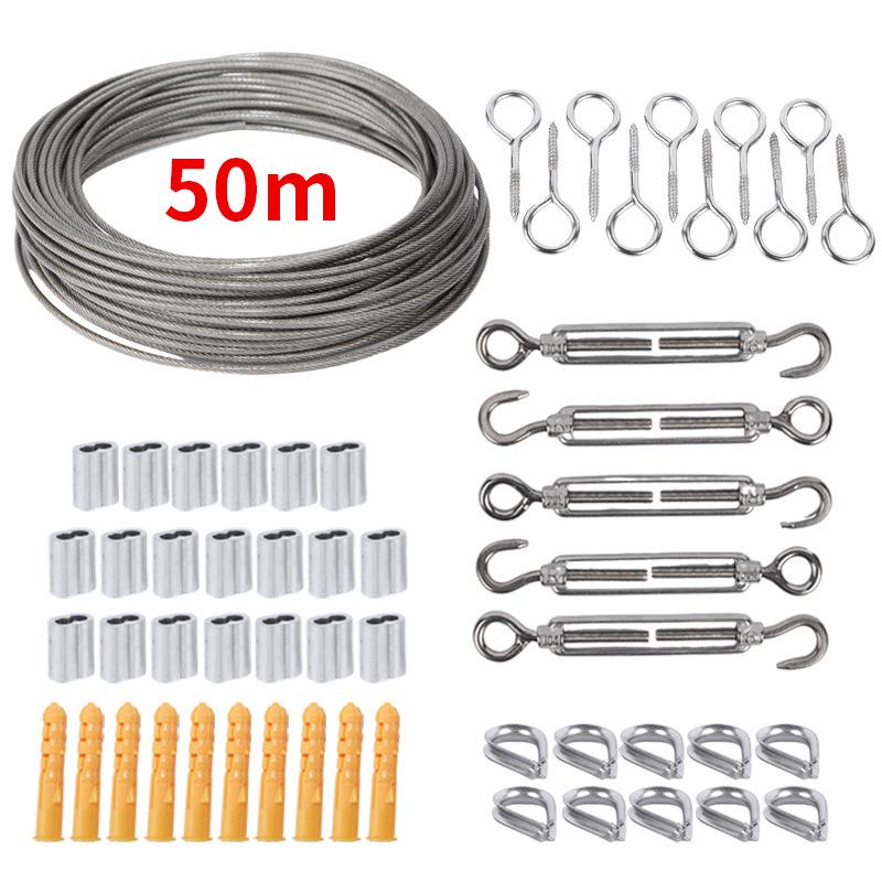 Stainless Steel Outdoor Wire Rope Kit with Carabiner Hook & Tensioner for String Lights and Clothesline.