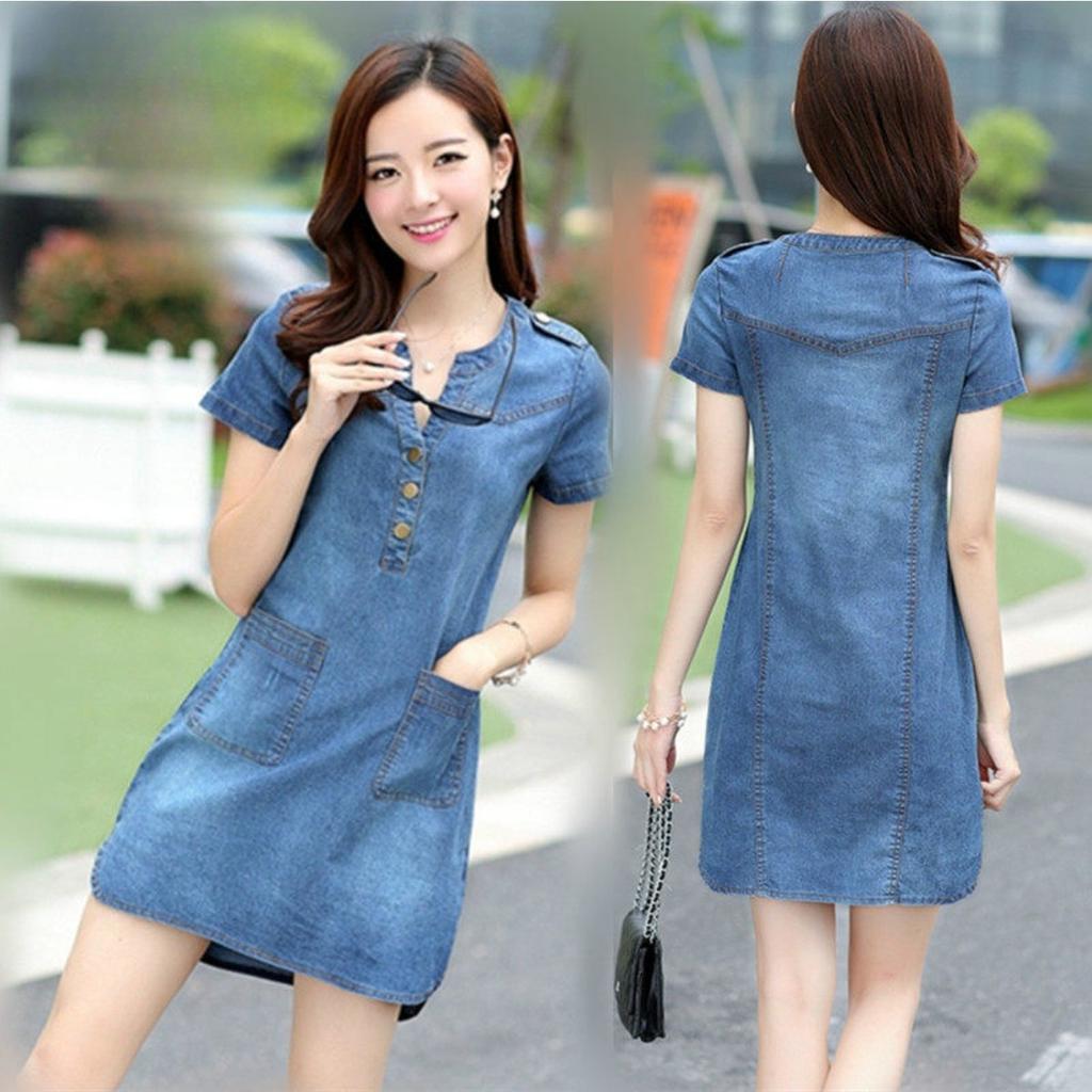 Women's Round Neck Short Sleeve Denim Shift Dress Loose Fit Mid Waist Casual Denim Dress