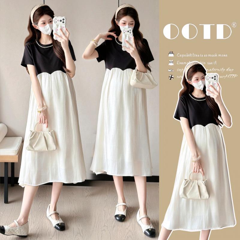 2026 Summer French Patchwork Midi Maternity Dress for Trendy Petite Moms XL
