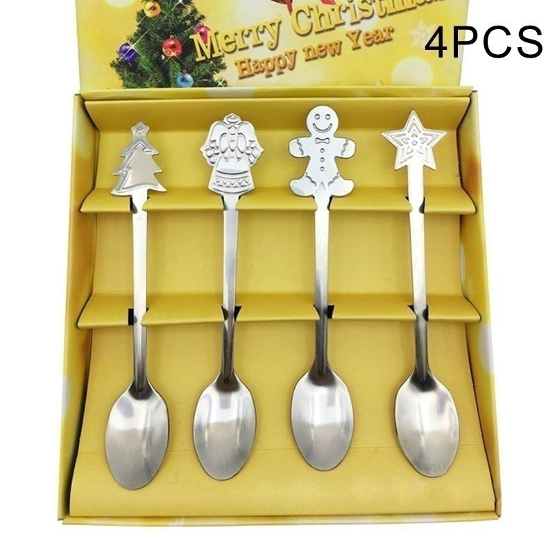 4 Peças/Conjunto Colher de Natal de Aço Inoxidável Moda Desenho Animado Colher de Café ( Sem Caixa )