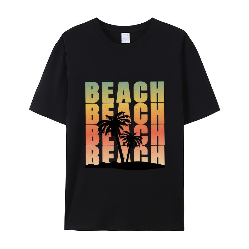 Palm Trees with Repeated Beach TextPrint T-Shirt Summer Casual Streetwear Men Women Unisex Fashion Tshirt Top