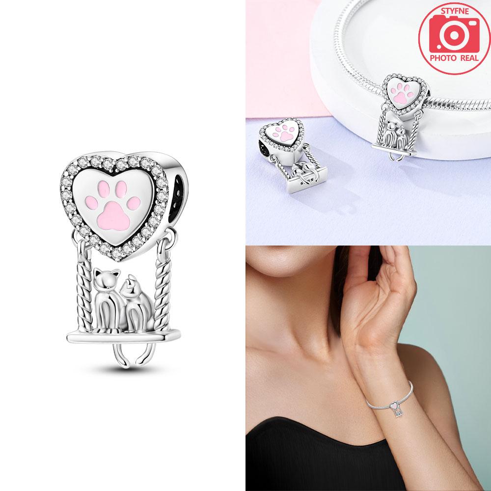 

925 Silver Cat Charms Shiny Zircon Heart-shaped Cute Cat Claw Beads Pendant Fit Bracelet Woman DIY Jewelry Gifts Making
