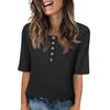 Blusa Casual Feminina de Gola Redonda com Botões e Manga Curta