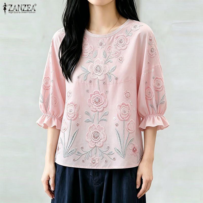 ZANZEA Camicetta Casual da Donna con Stampa Floreale, Girocollo, Manica 3/4