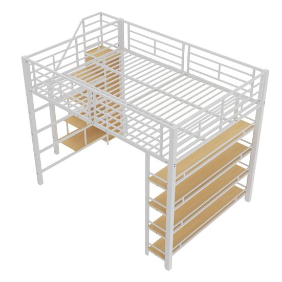 Youth Bed with Safety Stairs Several Shelves Built-in Wardrobe Strong Load Bearing Metal Frame Loft Bed Home Furniture