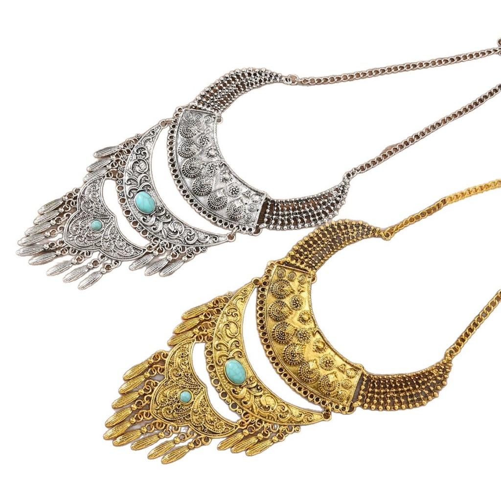 Bohemian Layered Zinc Alloy Leaf Pendant Necklace With Tassels For Vintage Style Jewelry