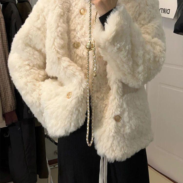 Women's Petite Chenille Angora Fur Coat - Winter 2025 Collection: Loose Fit, Plus Cotton, Stylish and Soft
