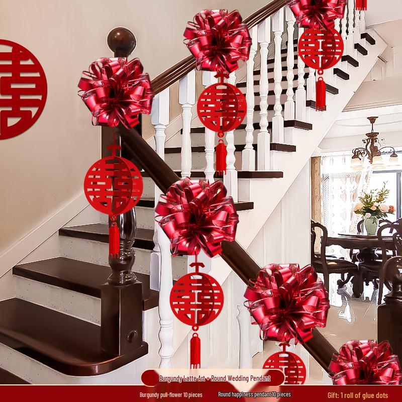 Romantic Wedding Staircase Handrail Decoration Set with Tulle, Balloons, and Pull Flowers