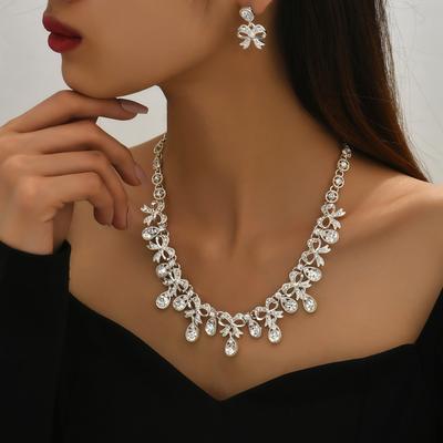 3 Pcs Women's Zircon Set with Rhinestones, Bow Necklaces, Earrings, Bridal Wedding Accessories