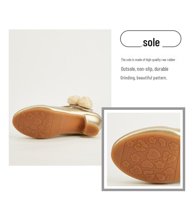 Spring 2026 Floral Round-Toe Princess Heels for Toddlers & Girls, Leather Shoes