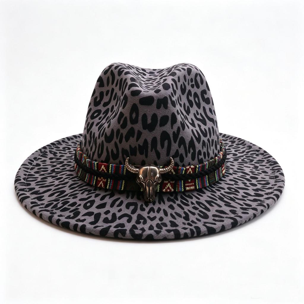 Western cowboy hat new peach heart top big brim leopard print British style fashion woolen jazz top hat