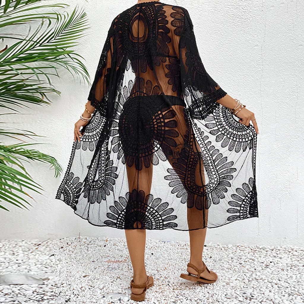 Damen Bikini Cover Up Blumenstickerei Durchsichtige Spitze Strand Kimono für Badeanzug Badeanzug Sommerkleidung