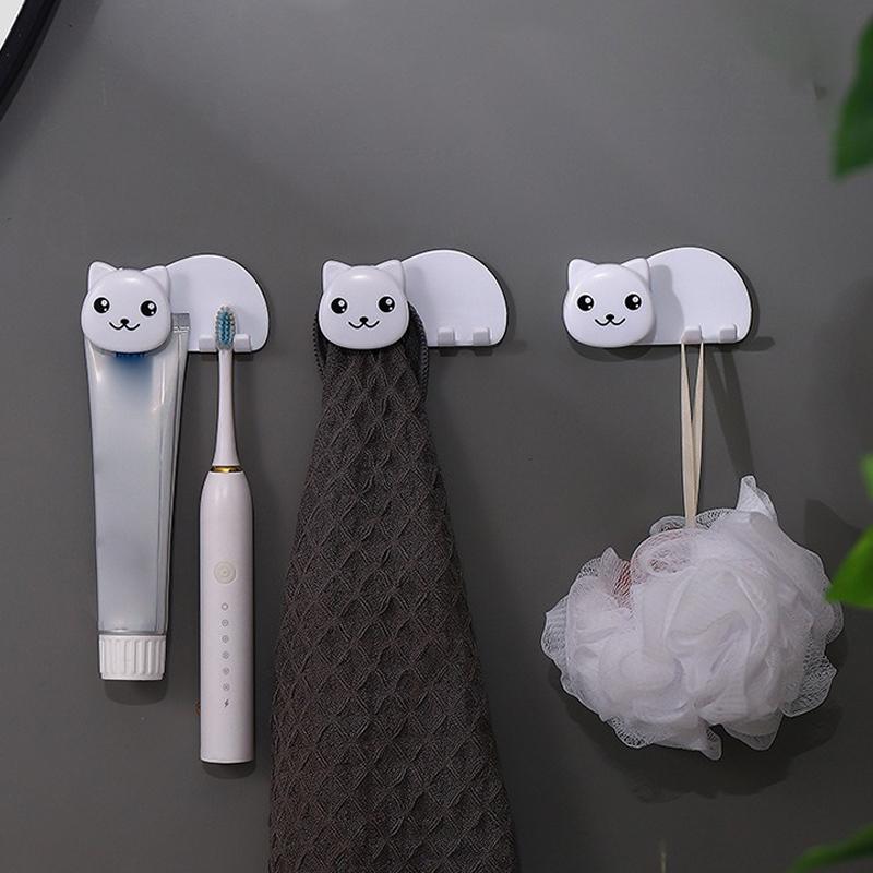 Plastic Cat Shaped Toothbrush Holder Non Perforated 2 In 1 Toothbrush Toothpaste Rack Wall Mounted Facial Cleanser Storage Clip