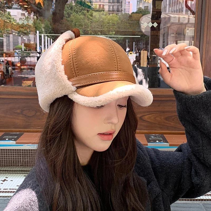 Women Fur Lamb Wool Warm Thick Earflaps Bomber Hats Girls Fur Baseball Cap Russian Unisex Hight Quality Hat Winter Leather Hat