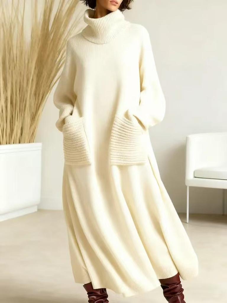 New Style High Neck Knit Dress Loose with Pockets