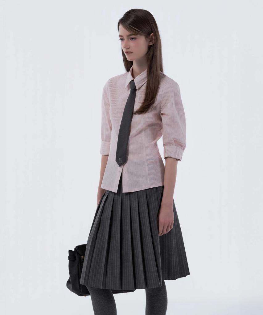 Mausolleum Jenn Pleated Midi Skirt - Gray Stripe