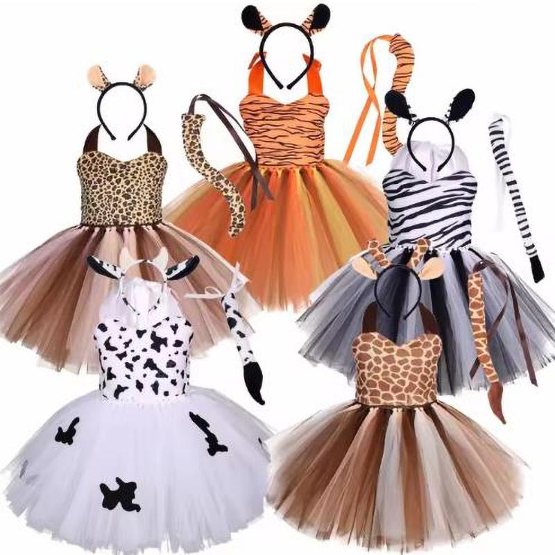 Baby Girls Halloween Cosplay Costume Kids Forest Theme Giraffe Cows Tiger Print Tutu Dress Party